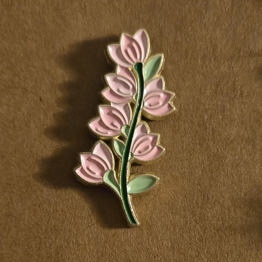 Holleyhock Floral Pink and Green Enamel Pin 3/$15